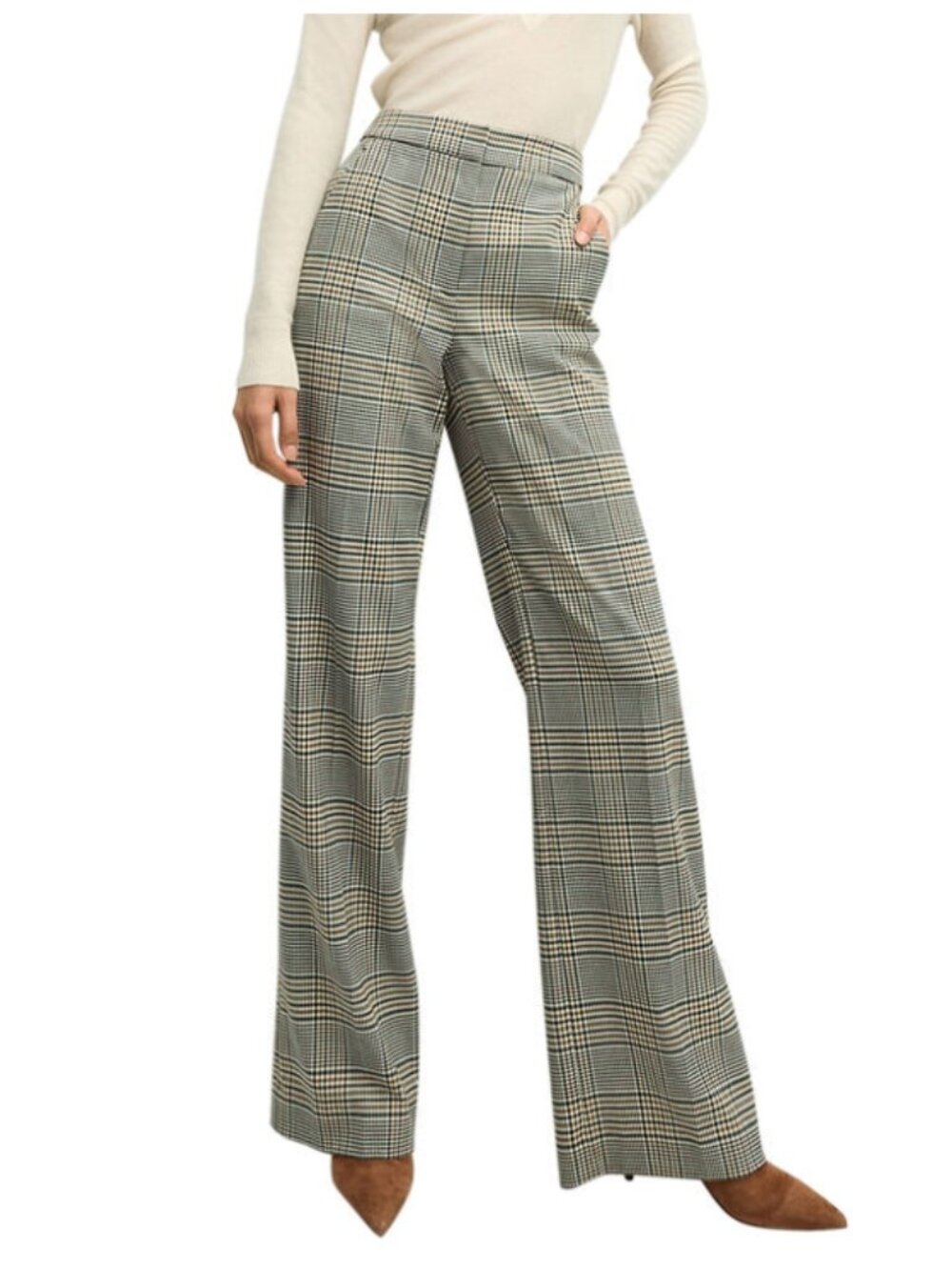 NWOT VERONICA BEARD Tonelli Wide Leg High Rise Plaid Pant Ecru Grn Multi 2